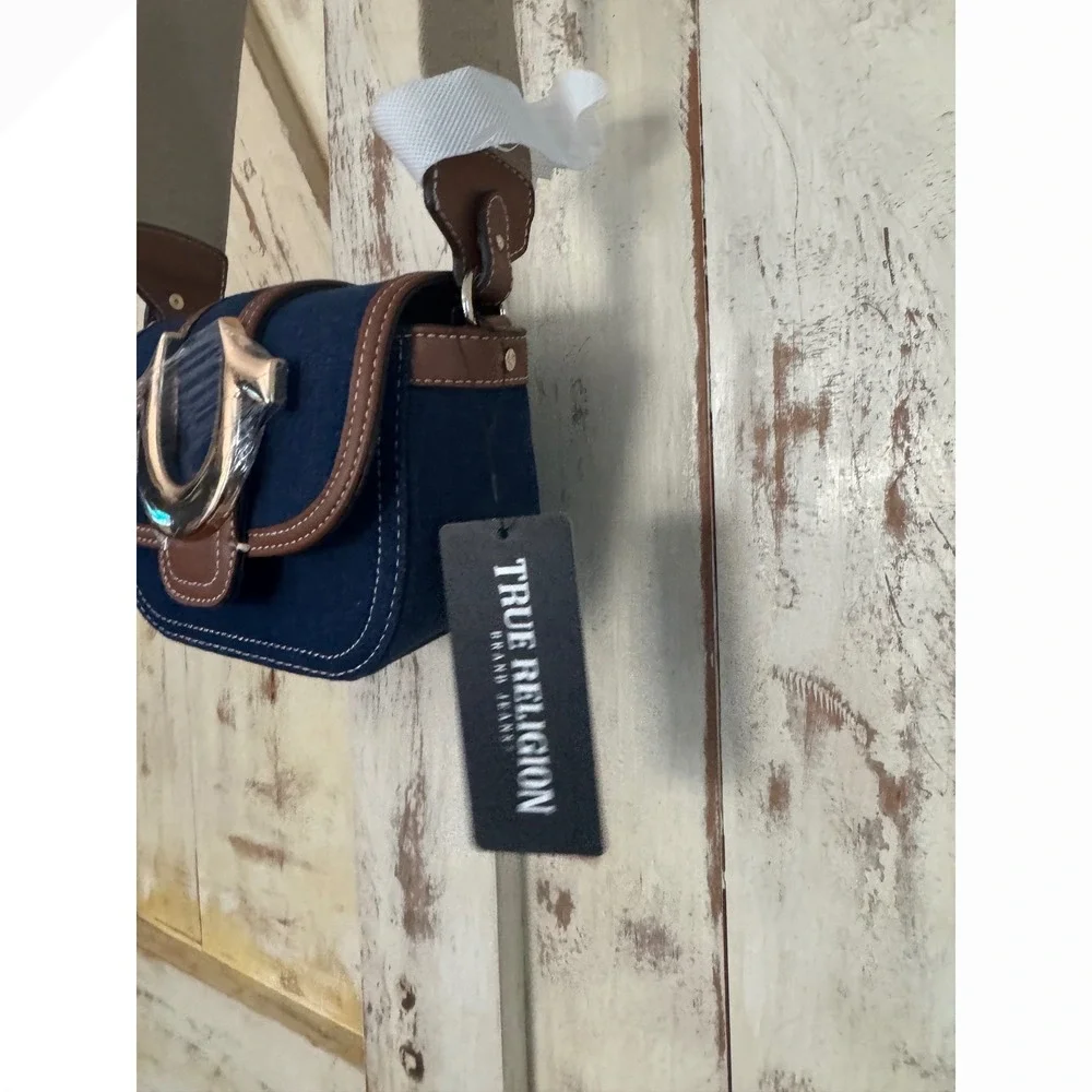 True Religion Frayed Blue Denim Mini Flap Gold Tone‎ Hardware Crossbody Bag NWT